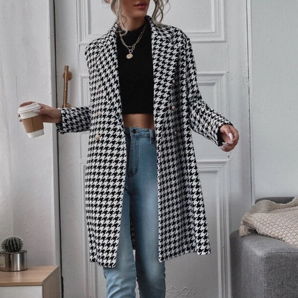 Tweed houndstooth trench coat jacket black white - Picture 3 of 5